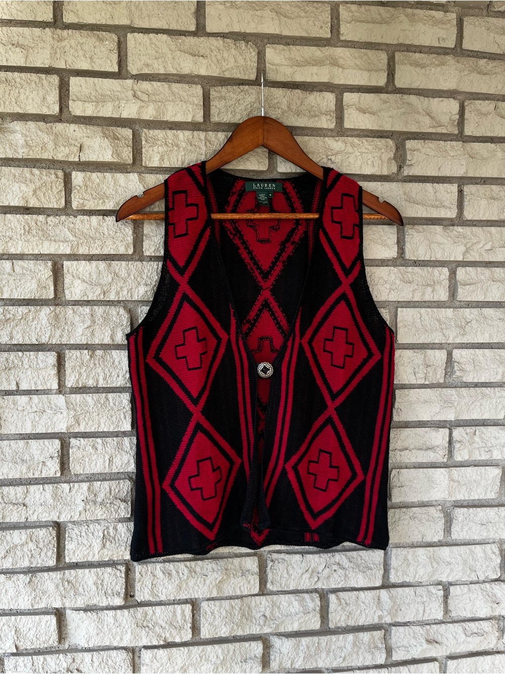 Lauren Ralph Lauren 100% Linen 
Black Red Southwestern Boho Cowgirl Vest Medium